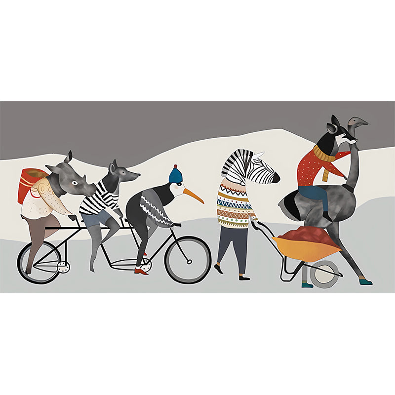 Cycling Animals Mural Wallpaper Cartoon Non-Woven Cloth Wall Covering in Grey-White