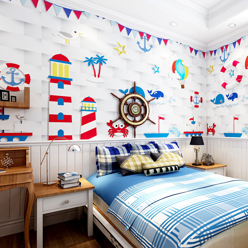 Childrens Art Cartoon Nautical Murals Blue and White Stain-Proof Wall Decor for Boys Room