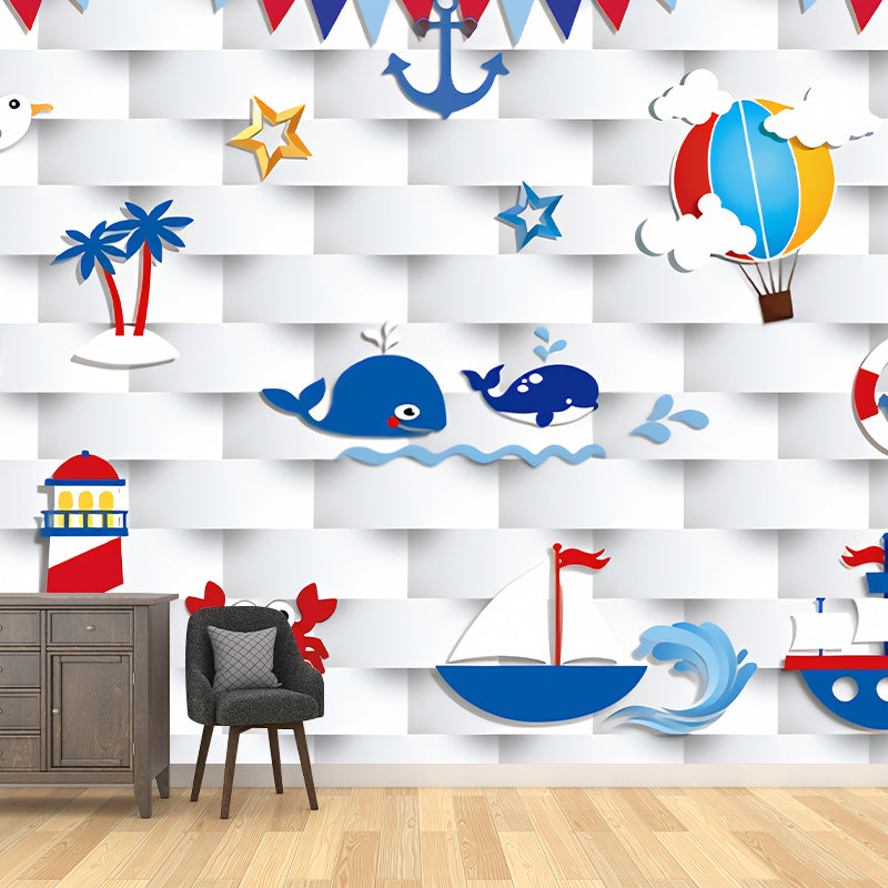 Childrens Art Cartoon Nautical Murals Blue and White Stain-Proof Wall Decor for Boys Room