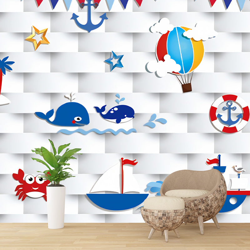 Childrens Art Cartoon Nautical Murals Blue and White Stain-Proof Wall Decor for Boys Room