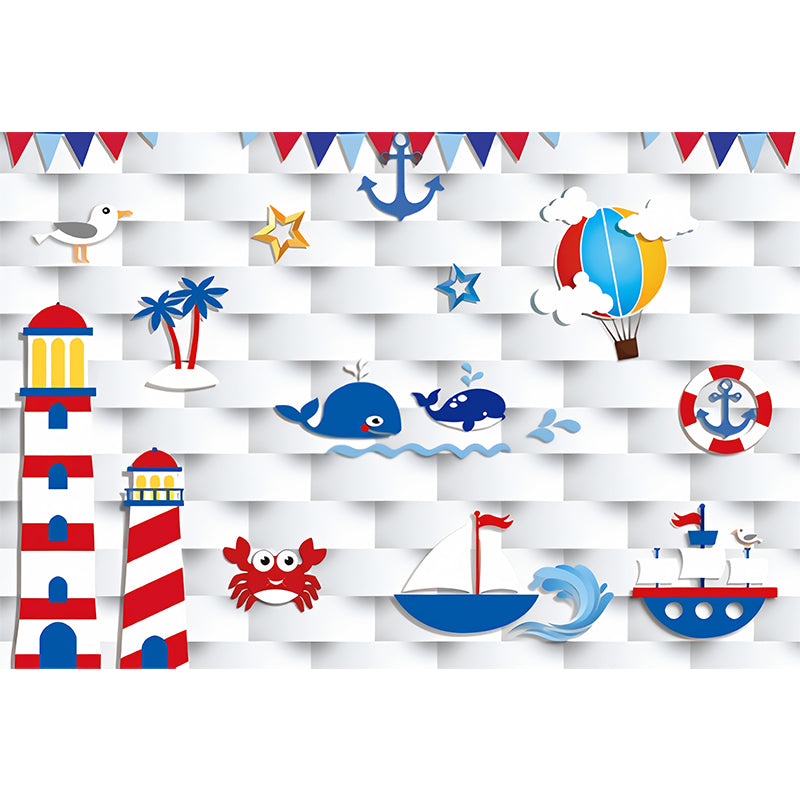 Childrens Art Cartoon Nautical Murals Blue and White Stain-Proof Wall Decor for Boys Room