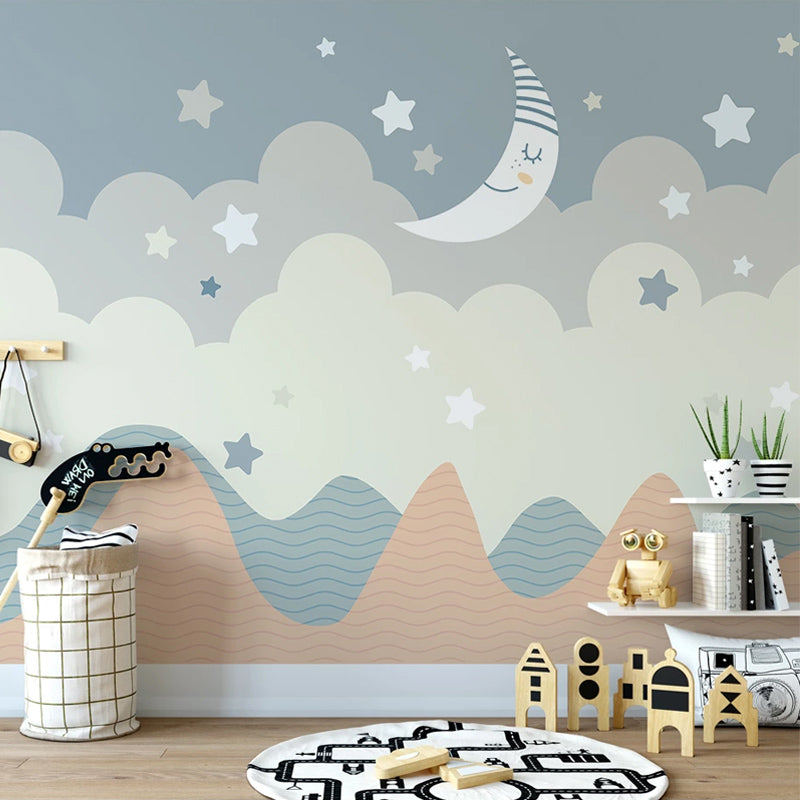 Starry Moon Night Mural Decal Light Blue and Grey Cartoon Wall Covering for Kids Room