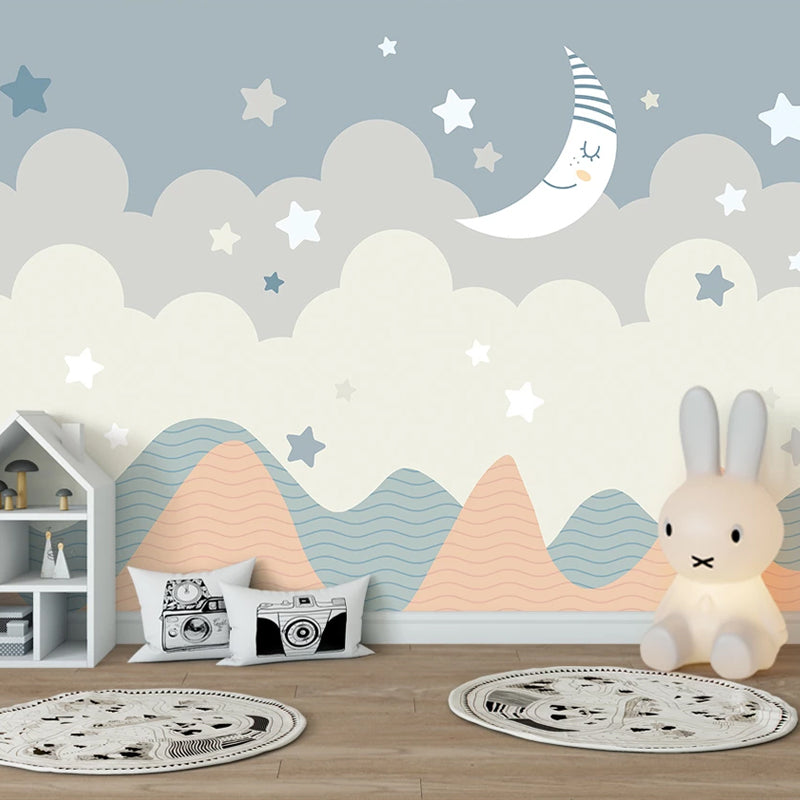 Starry Moon Night Mural Decal Light Blue and Grey Cartoon Wall Covering for Kids Room