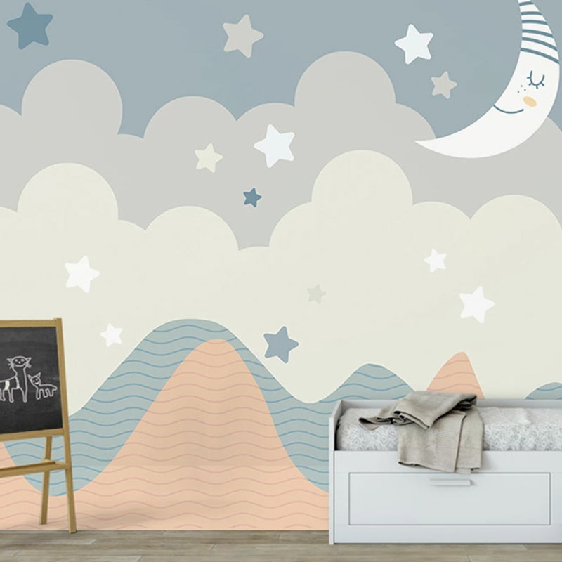 Starry Moon Night Mural Decal Light Blue and Grey Cartoon Wall Covering for Kids Room