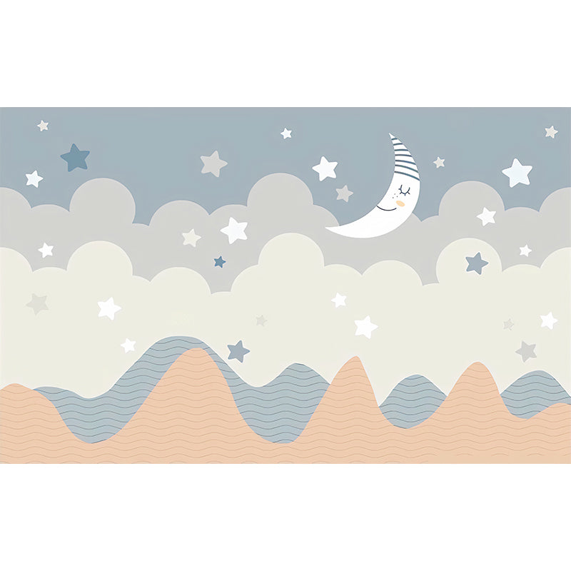 Starry Moon Night Mural Decal Light Blue and Grey Cartoon Wall Covering for Kids Room