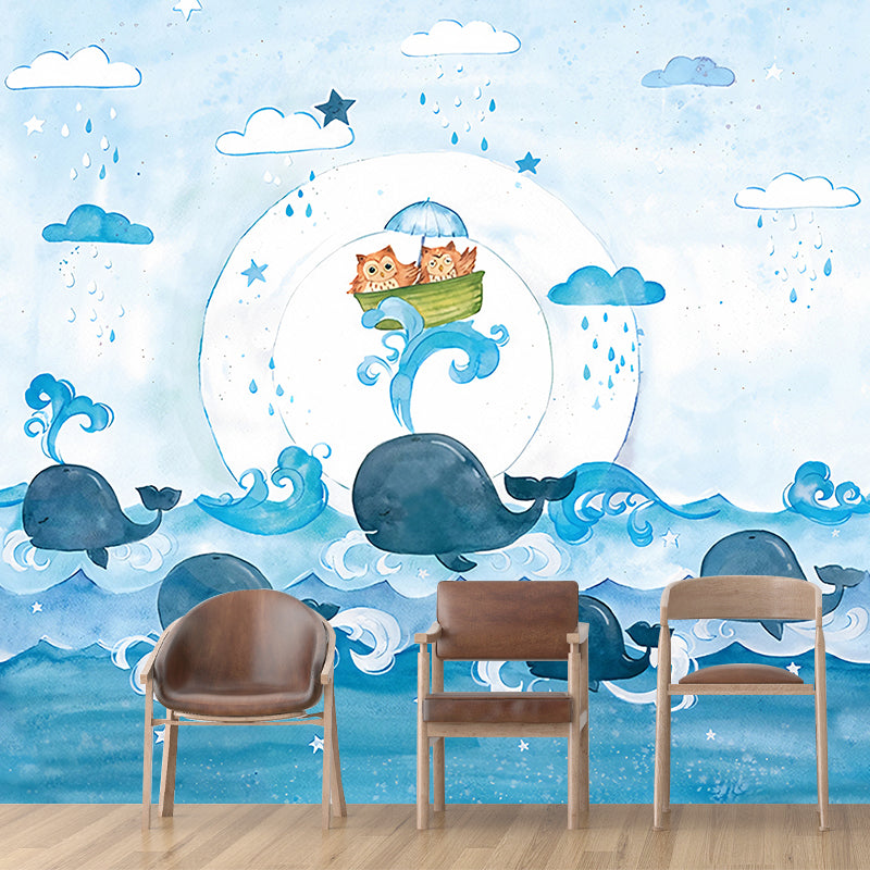 Cartoon Owl and Whales Murals Blue Sea Wall Decor for Childrens Bedroom, Optional Size