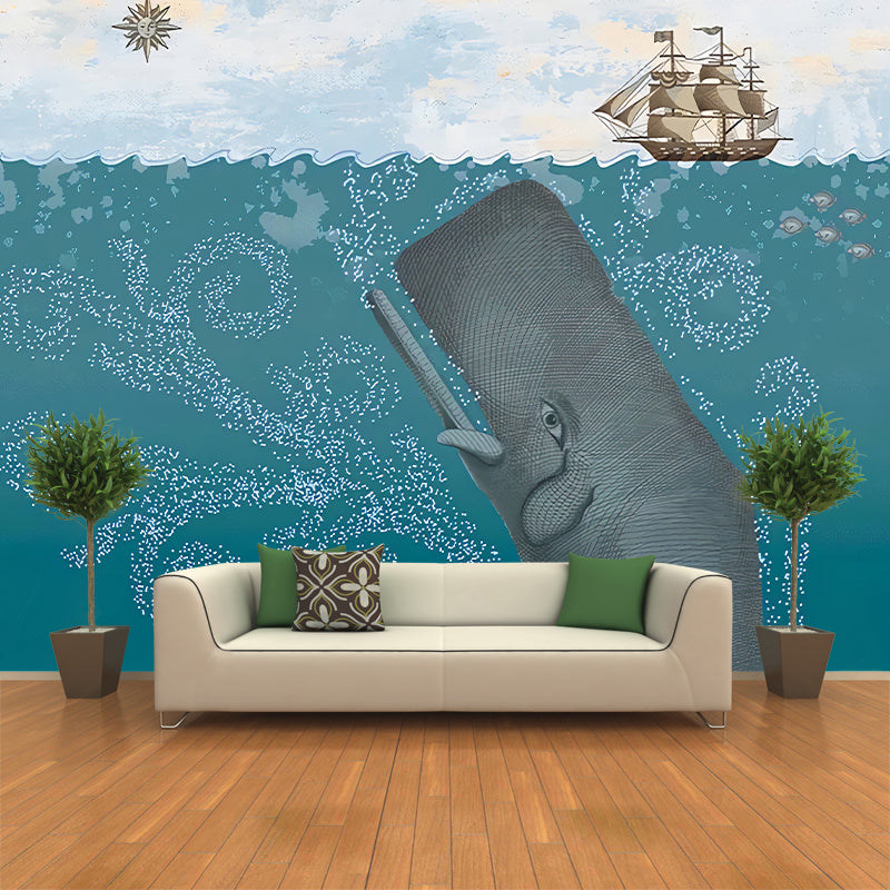 Full Size Childrens Art Mural Pastel Color Underwater Whale and Sailboat Wall Decor, Personalized Size