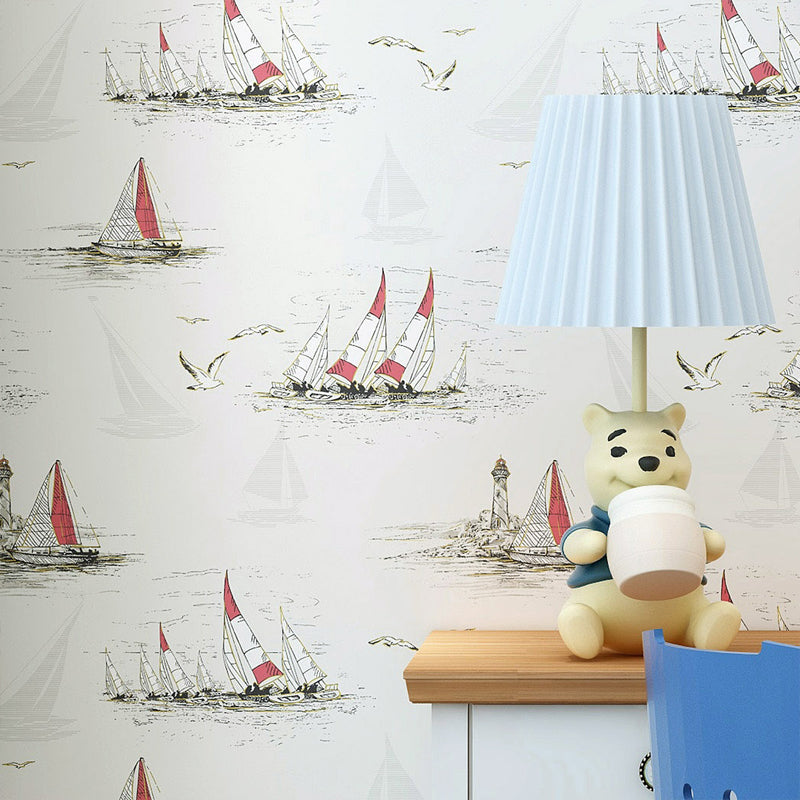 Sailing Ship Nautical Wallpaper Novelty Smooth Texture Wall Covering for Kids Bedroom