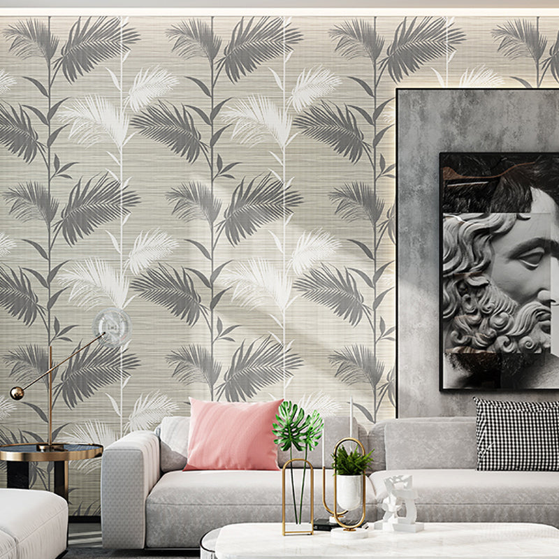 Grey Fern Leaves Wallpaper Roll Water Resistant Wall Covering for Home Decor, Unpasted