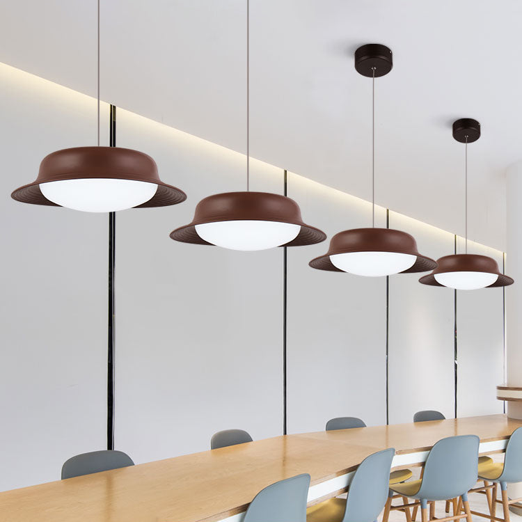 Hat Shape Drop Pendant Post Modern Metal LED Dining Room Hanging Lamp Fixture in White/Brown