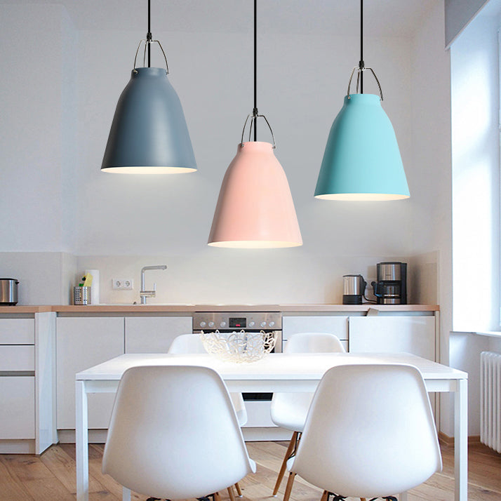 Candy Colored Bucket Hanging Light 1 Light Macaron Aluminum Pedant Light in Dark Blue/Light Blue/Pink for Office Kitchen