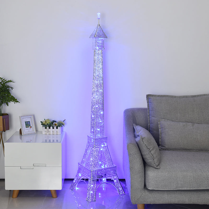 2-Head Eiffel Tower Floor Lamp Decorative Silver Aluminum LED Standing Light for Living Room