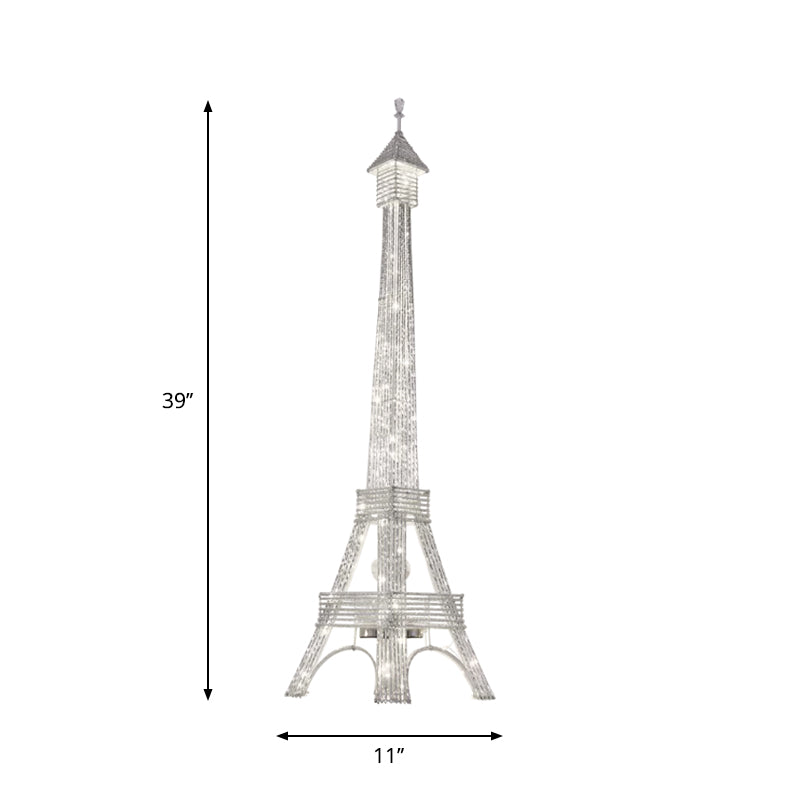 Lámpara de lámpara de la torre de Eiffel de 2 cabezas LED de aluminio plateado de aluminio de pie para sala de estar