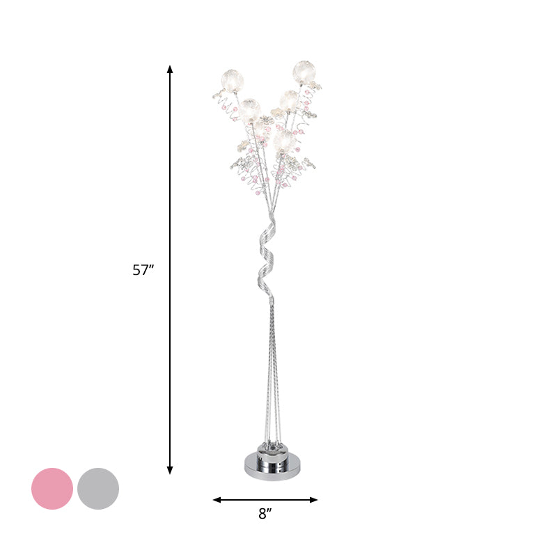 Tree Shape Aluminum Standing Lighting Decorative  Living Room LED Floor Reading Lamp with Orb Detail in Pink/Silver, Warm/White Light