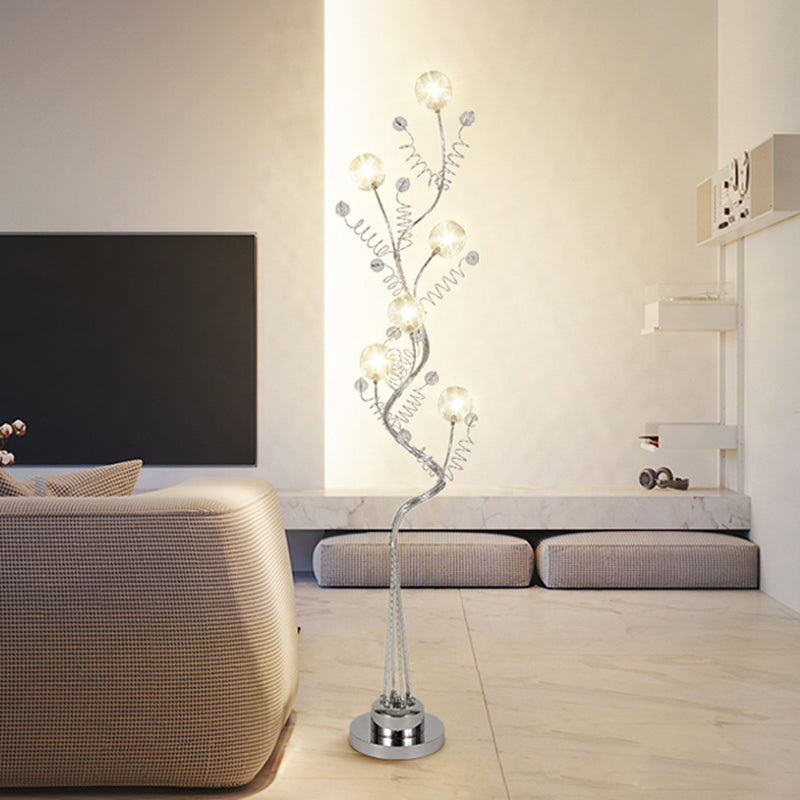 Forma de árbol de aluminio iluminación de aluminio sala de estar decorativa lámpara de lectura de piso LED con detalles de orbe en rosa/plata, luz cálida/blanca