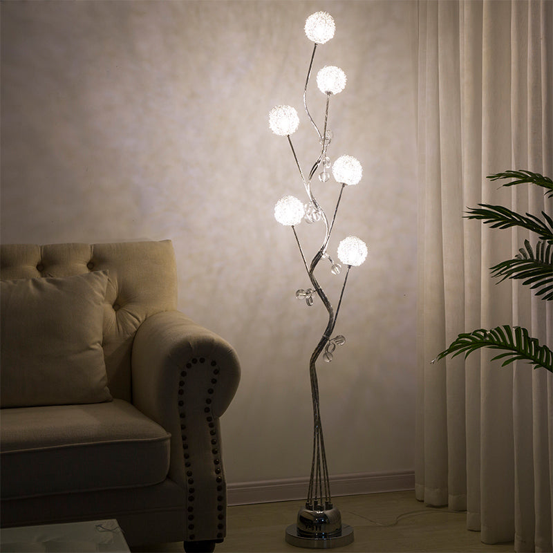 Branching Aluminum Floor Light Art Decor Living Room LED Standing Lamp with Orb Design in Silver