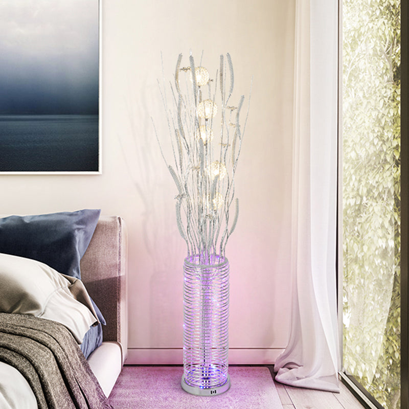 Decorative Tree-Shaped Stand Up Lamp LED Aluminum Reading Floor Lighting with Flower Decor in Silver, Warm/White Light