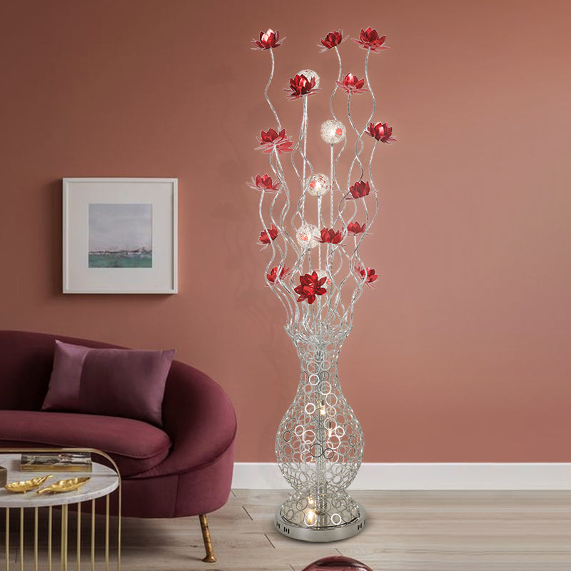 Vase Shape Aluminum Stand Up Light Decorative LED Bedroom Reading Floor Lamp with Blossom and Ball Design in Red/Purple