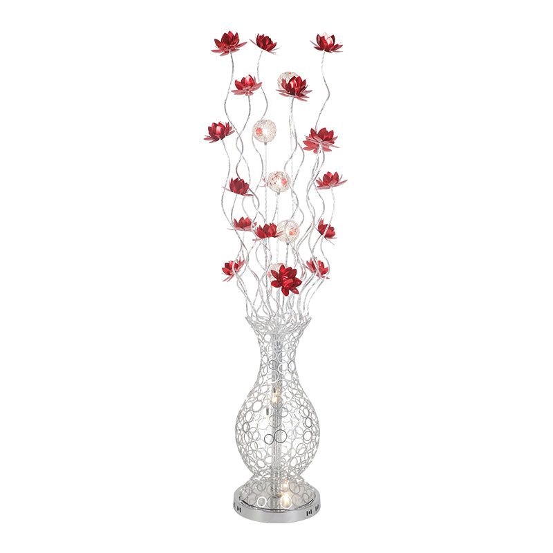 Vase Shape Aluminum Stand Up Light Decorative LED Bedroom Reading Floor Lamp with Blossom and Ball Design in Red/Purple