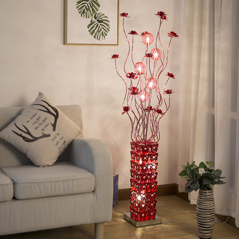 Red LED Flower Decor Floor Lamp Art Decor Metal Cuboid Standing Floor Light Kit with Crystal Embedded