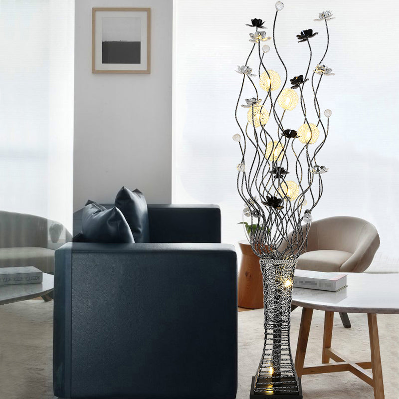 Metallic Tree Branch Stand Up Lamp Decorative Drawing Room LED Reading Floor Light with Trapezoid Base in Black and Silver