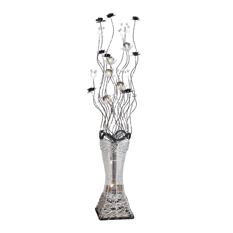 Art Decor Torch-Like Floor Light LED Aluminum Stand Up Lamp Curvy Arm with Floret Decor in Black and Silver