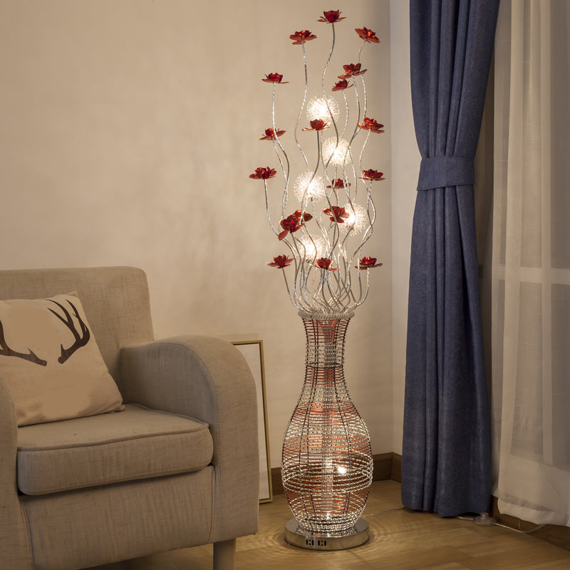 LED Tree Stand Up Lamp Decorative Red Aluminum Reading Floor Light with Vase Pedestal