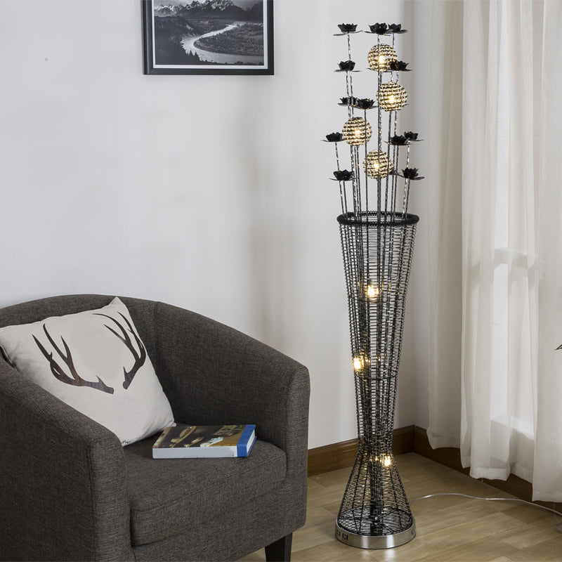 Black-Silver LED Standing Lamp Decorative Aluminum Tapered Reading Floor Lighting with Bloom and Ball Decor