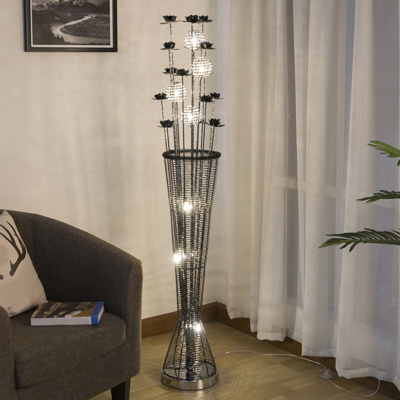 Black-Silver LED Standing Lamp Decorative Aluminum Tapered Reading Floor Lighting with Bloom and Ball Decor