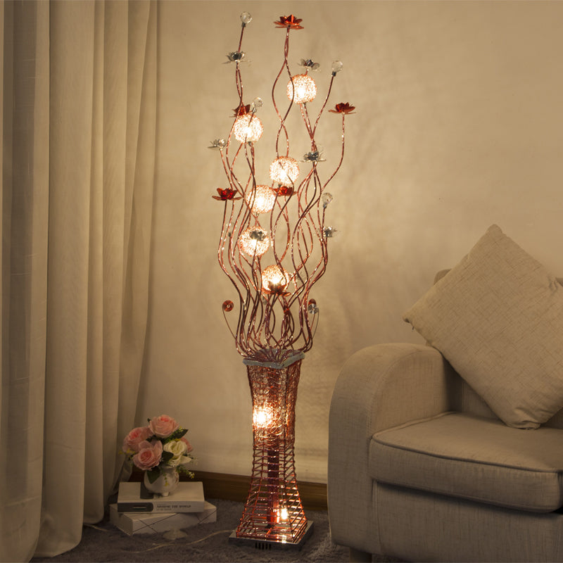 Metallic Red Floret Floor Lighting Trapezoid LED Art Decor Stand Up Lamp with Tree Branch Design