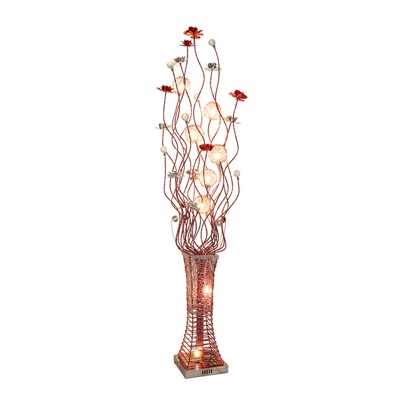 Metallic Red Floret Floor Lighting Trapezoid LED Art Decor Stand Up Lamp with Tree Branch Design