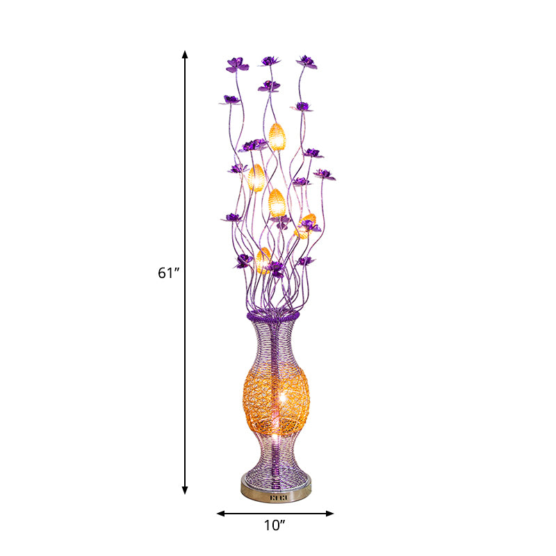 Decorative Vine Shape Standing Lamp LED Aluminum Bloom Floor Reading Light with Vase Pedestal in Purple