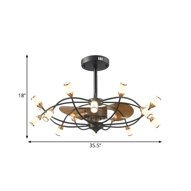 Curved Arm Metallic Semi Flush Mount Contemporary 16-Head 35.5" Wide Black Fan Light with 3 Brown Blades