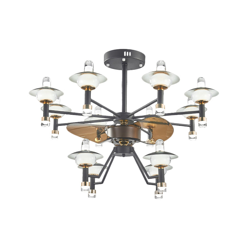 Radial Ceiling Fan Light Modernist Metallic 36.5" Wide 12 Bulbs Black-Gold Semi Flush Mount, 3 Brown Blades