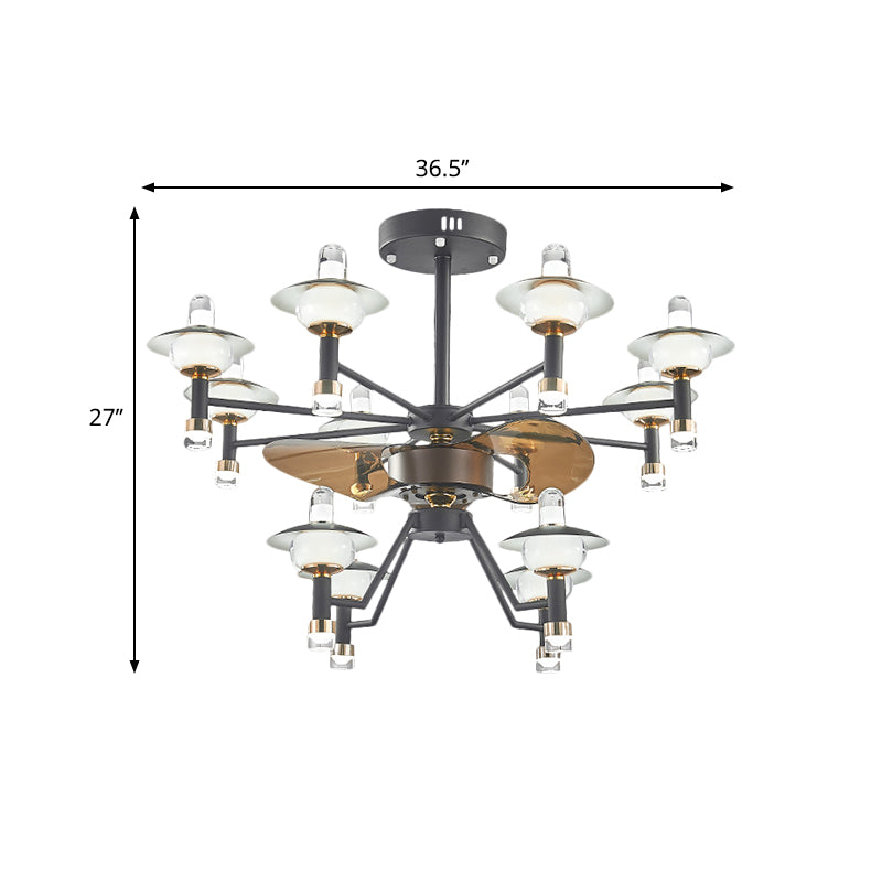 Radial Ceiling Fan Light Modernist Metallic 36.5" Wide 12 Bulbs Black-Gold Semi Flush Mount, 3 Brown Blades