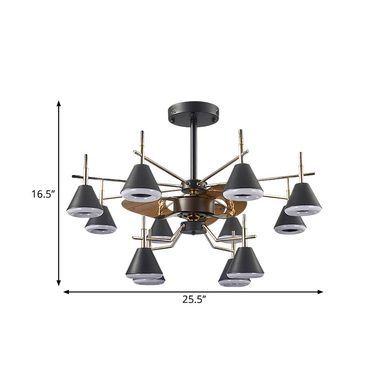 25.5" Wide Cone Semi Flush Mount Light Modernist Metallic 12-Light Black 3-Blade Pendant Fan Lamp