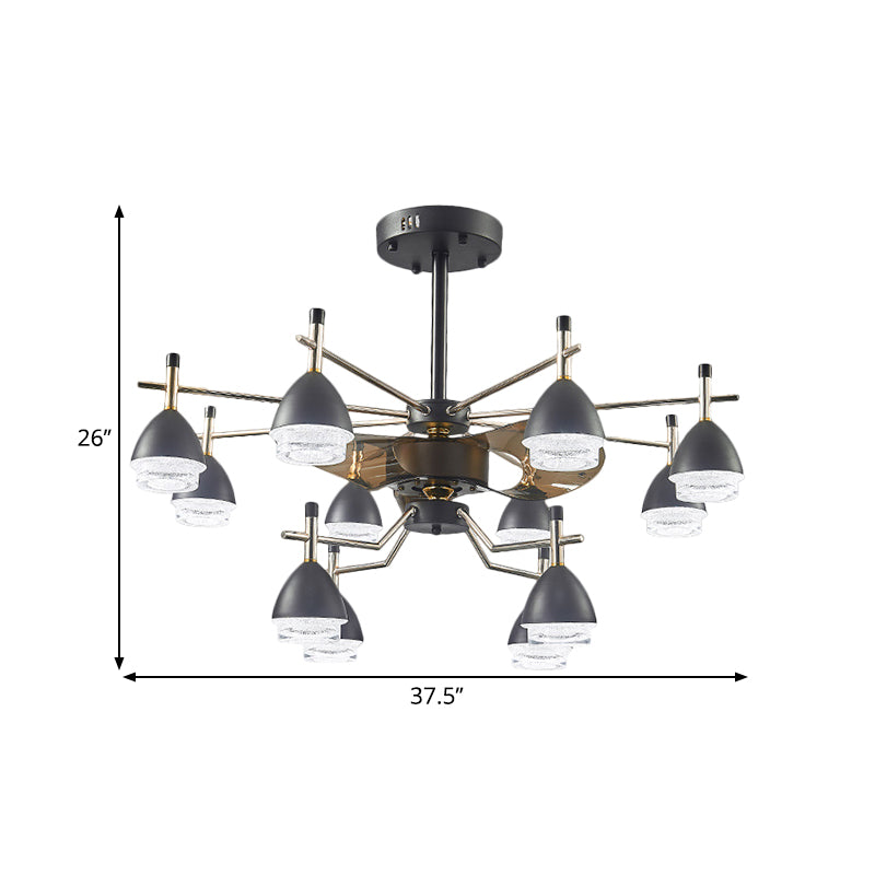 Black Conic Hanging Fan Light Fixture 12-Head 37.5" W Metal Semi-Flush Ceiling Lamp with 3 Blades