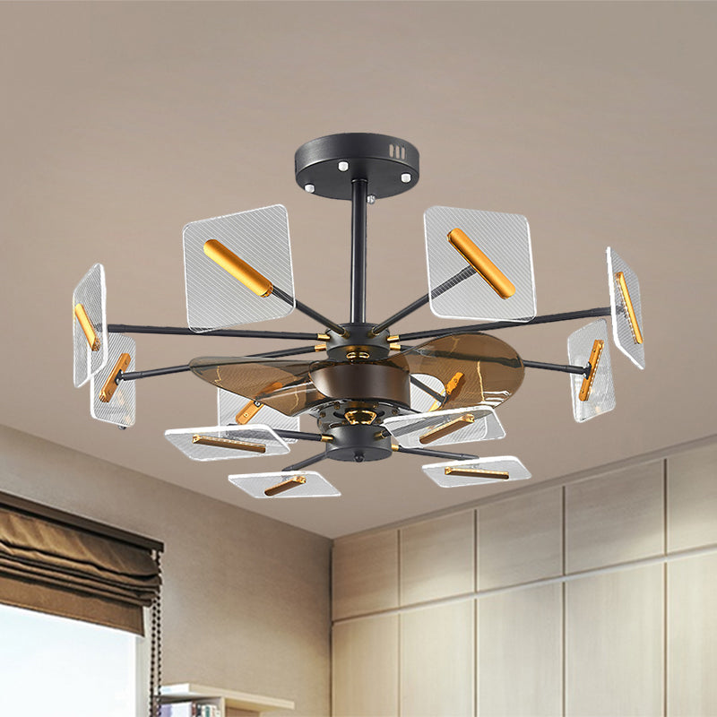 Vierkante paneel hanger ventilator licht modernistische acryl 12 lampen zwart en gouden semi -spoellamp met 3 bruine messen, 34 "w