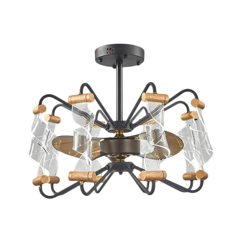 29.5" Width Acrylic Twisted Ceiling Fan Lamp Modern 8 Lights Black 3-Blade Semi Flush Light Fixture