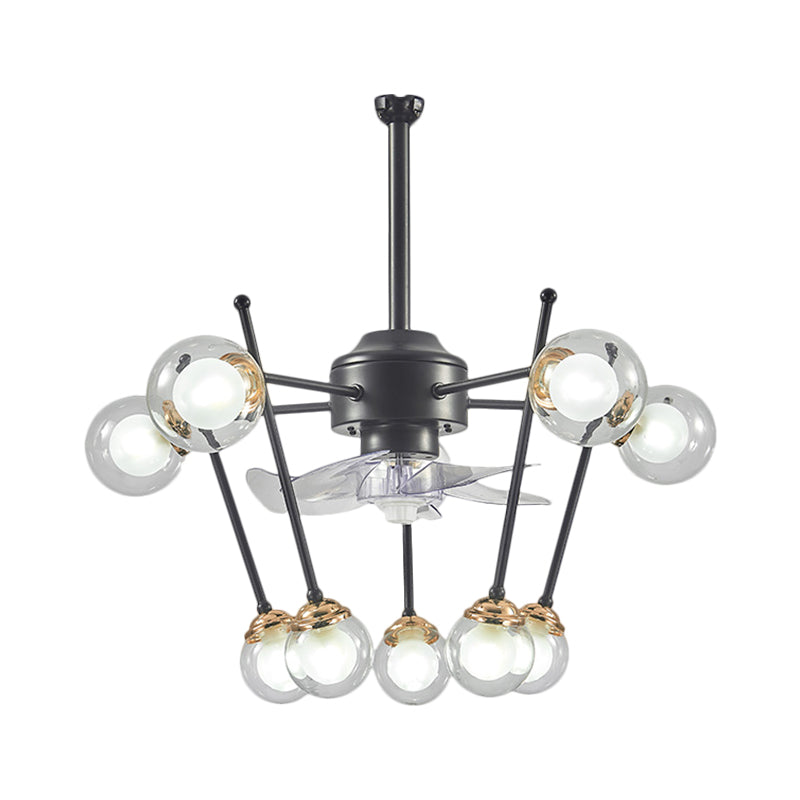 Sphere Parlour Hanging Fan Light Clear Glass 10 Heads 25.5" Width Modernism 4-Blade Semi Flush in Black