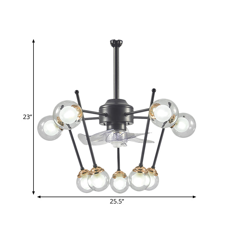 Sphere Parlour Hanging Fan Light Clear Glass 10 Heads 25.5" Width Modernism 4-Blade Semi Flush in Black