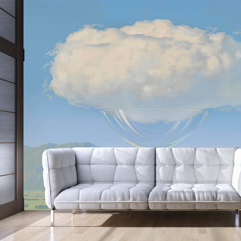 Surreal Glass of Cloud Mural Decal Blue and White Bedroom Wall Covering, Made to Measure