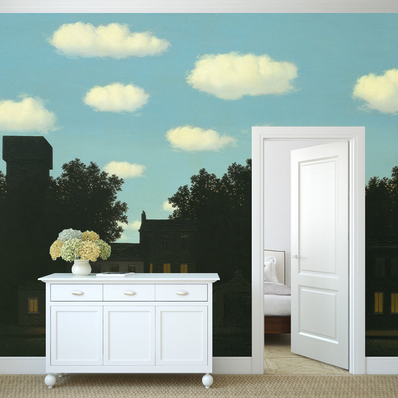 Village at Dawn Scenery Mural Wallpaper Surrealism Non-Woven Wall Art in Blue-Green
