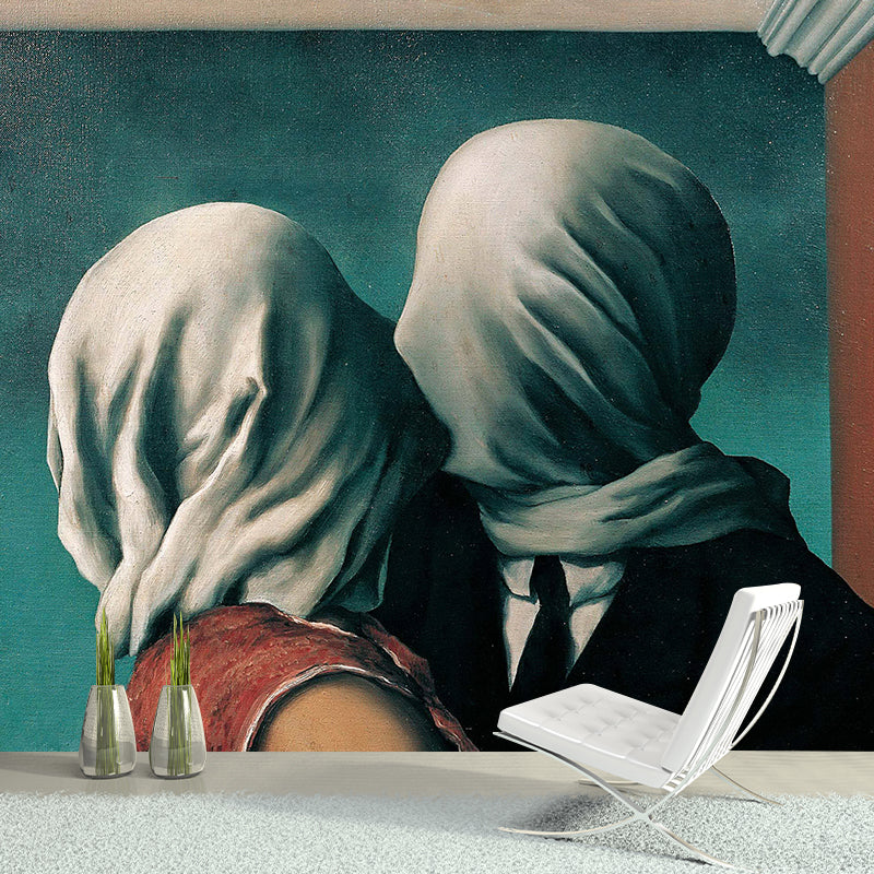 Non-Woven Large Grey Murals Surreal Masked Lover Kissing Pattern Wall Art, Made to Measure