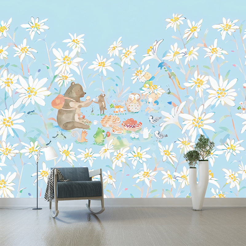 Full-Size Childrens Art Murals Soft Color Picnic Bear in Flower Land Pattern Wall Decor, Custom Made