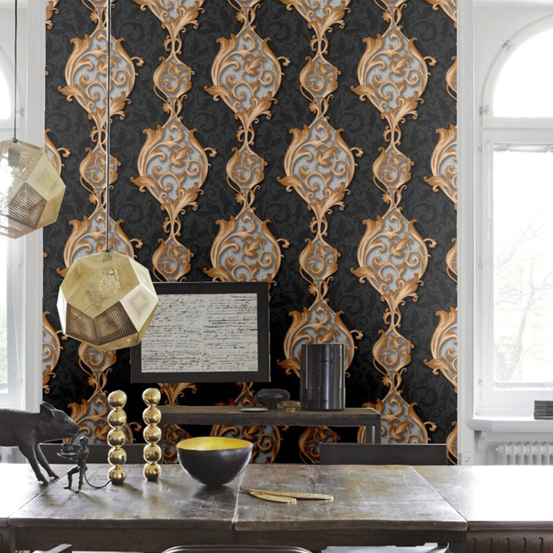 Vintage Swirl Flower String Wallpaper for Bedroom 54.2-sq ft Wall Decor in Gold on Black