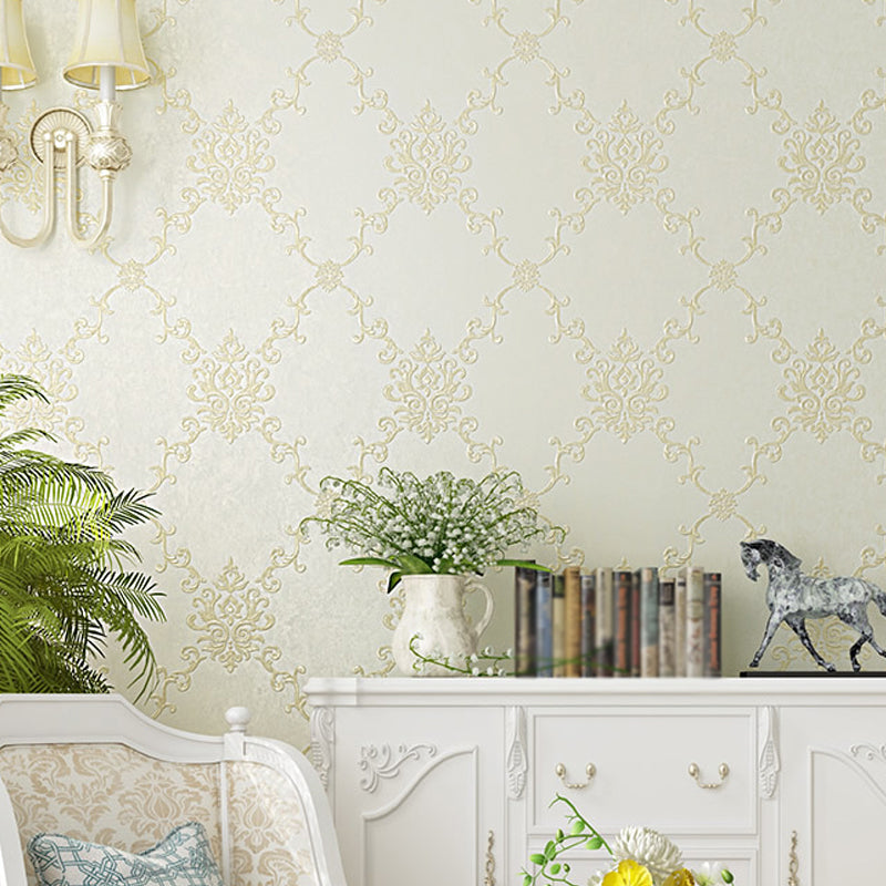 Embroidery Washable Wallpaper Vintage Geo Lattice Wall Art for Bedroom, 57.1-sq ft