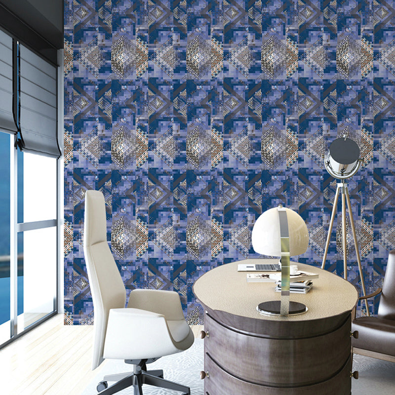 Boho Geometric Mosaics Wallpaper Blue Moisture Resistant Wall Decor for Workshop