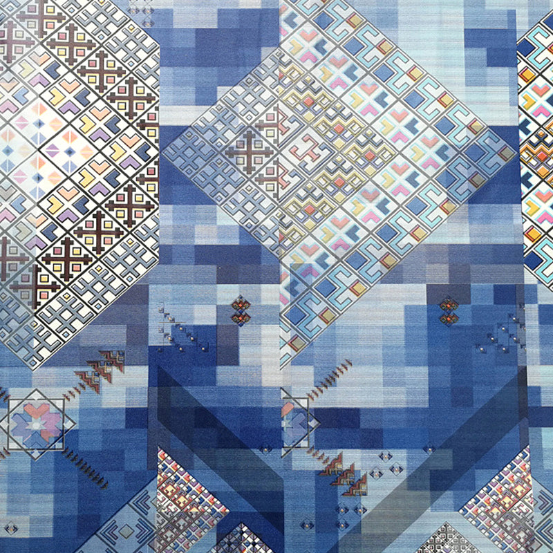 Boho Geometric Mosaics Wallpaper Blue Moisture Resistant Wall Decor for Workshop