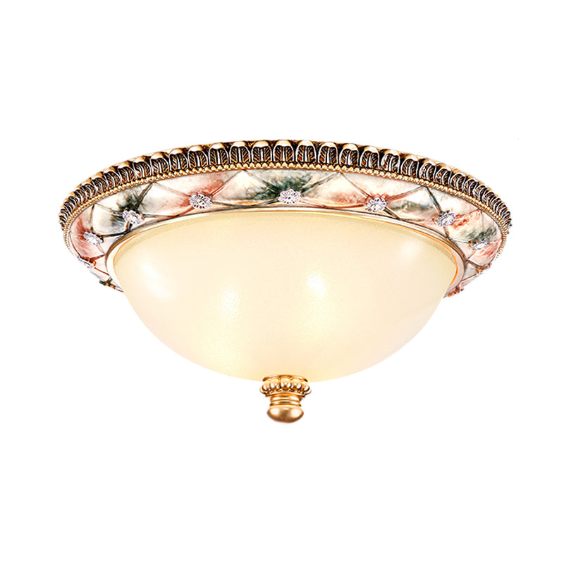 Domed White Glass Ceiling Mounted Lamp Traditional 16"/19.5" Wide 3-Head Bedroom Flush Lighting in Gold